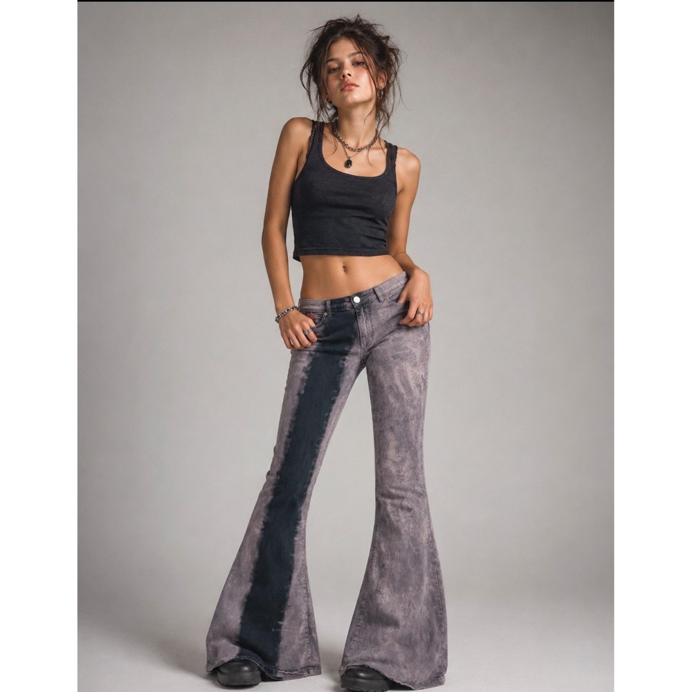 Miss Sixty Augusta Flare Jean Purple Acid Wash Black Stripe Italy 27 Y2K Vintage